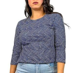 J. McLaughlin Blue & White Patterned Round Neck 3/4 Sleeve Blouse